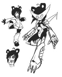  2013 ahoge anthro bear bottomwear clothed clothing dmxwoops female giant_panda hair hi_res ken_ashcorp kenny_(kenashcorp) mammal miniskirt model_sheet monochrome robot_suit school_uniform simple_background skirt solo uniform white_background 