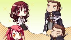  1boy 2girls cape chibi closed_eyes game_cg hinomiya_ayari ko~cha kurauchi_joji long_hair multiple_girls o_o red_eyes red_hair sword weapon witch&#039;s_garden yellow_eyes 