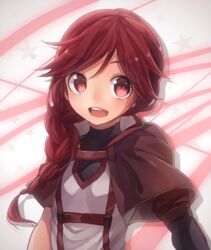  :d aiueo1234853 braid braided_ponytail brown_capelet capelet commentary_request female hai_to_gensou_no_grimgar hair_between_eyes hair_over_shoulder long_hair looking_at_viewer open_mouth red_eyes red_hair single_braid smile solo swept_bangs upper_body yume_(grimgar) 