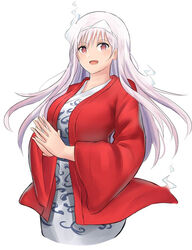  albino bad_id bad_pixiv_id bath_yukata breasts commentary cropped_legs english_commentary female ghost hanten_(clothes) japanese_clothes kimono large_breasts long_hair looking_at_viewer open_mouth own_hands_together red_eyes shiroshouzoku simple_background smile solo triangular_headpiece ucukrtz upper_body white_background white_hair white_kimono yukata yunohana_yuuna yuragisou_no_yuuna-san 