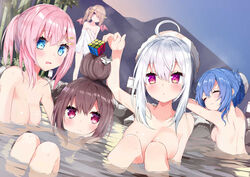  5girls :o ahoge arm_up blue_eyes blue_hair blue_sky blush braid breasts closed_eyes closed_mouth collarbone commentary_request day demon_wings dutch_angle hair_between_eyes hair_bun hair_ornament hair_over_one_eye hairclip head_tilt kamioka_shun&#039;ya large_breasts light_brown_hair looking_at_viewer marin_(kamioka_shun&#039;ya) mountain multiple_girls naked_towel nude onsen original outdoors parted_lips partially_submerged pink_hair pink_wings purple_eyes red_eyes rubik&#039;s_cube same-sex_bathing shared_bathing shark_hair_ornament shiori_(kamioka_shun&#039;ya) shirasagi_sakura shoulder_blades side_ponytail sidelocks single_hair_bun sky tanaka_(kamioka_shun&#039;ya) tongue towel tsubomi_(kamioka_shun&#039;ya) water wet white_hair wings 