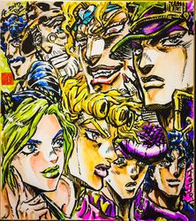  2017 ashiya_kouhei beard blonde_hair blue_eyes blue_hair braid commentary_request diamond_wa_kudakenai dio_brando double_bun evil_grin evil_smile facial_hair female fingernails gakuran george_joestar giorno_giovanna glasses green_hair green_lips grin hair_bun hat headband heart higashikata_josuke highres jojo_no_kimyou_na_bouken jonathan_joestar joseph_joestar joseph_joestar_(old) kujo_jolyne kujo_jotaro lipstick makeup moustache multicolored_hair multiple_boys nail_polish phantom_blood pink_hair pink_lips pompadour purple_eyes purple_hair red_lips red_nails school_uniform sharp_fingernails signature smile stardust_crusaders stone_ocean two-tone_hair vento_aureo 