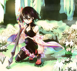  :d bad_id bad_pixiv_id black_hair black_legwear blush breasts brown_eyes character_request cleavage commentary_request detached_sleeves female flower forest full_body hair_between_eyes hair_flower hair_ornament holding holding_sword holding_weapon looking_at_viewer lord_of_vermilion lord_of_vermilion_iii medium_breasts nature on_one_knee open_mouth photoshop_(medium) red_legwear reverse_grip sandals short_hair smile socks solo sword tabi thighhighs weapon wide_sleeves yue_(lov_n_n) 