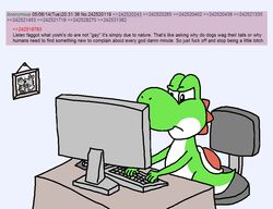  4chan ambiguous_gender angry anthro birdo computer electronics english_text green_yoshi homophobic_slur humor mario_bros nintendo profanity simple_background slur solo text unknown_artist white_background yoshi yoshi&#039;s_island 