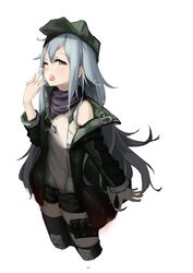  absurdres black_thighhighs blush brown_eyes chinese_commentary clothing_cutout coat commentary_request cropped_legs female g11_(girls&#039;_frontline) girls&#039;_frontline green_coat grey_hair hair_between_eyes half-closed_eye hand_up hat highres knee_pads long_hair long_sleeves looking_at_viewer messy_hair one_eye_closed open_clothes open_coat open_mouth red_scarf scarf scarf_on_head shirt short_shorts shorts shoulder_cutout sidelocks simple_background single_thighhigh solo strap thigh_strap thighhighs thighs tomori-san_(pixiv_7519735) very_long_hair yawning 