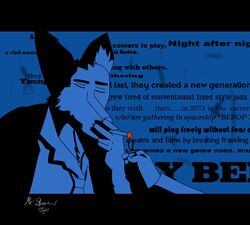  5_fingers absurd_res canid canine canis cel_shading cigarette closed_eyes cowboy_bebop fingers fire hi_res lighter mammal shaded shadow shanewolf smoking text wolf 