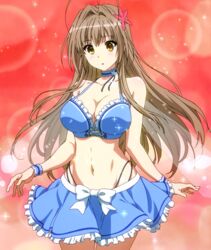  amagi_brilliant_park blush breasts brown_hair cleavage cosplay curvy gradient gradient_background highres large_breasts long_hair midriff muse_(amaburi) navel screencap sento_isuzu skirt yellow_eyes 