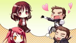  1boy 2girls cape chibi closed_eyes game_cg hinomiya_ayari ko~cha kurauchi_joji long_hair multiple_girls o_o red_eyes red_hair sword weapon witch&#039;s_garden yellow_eyes 