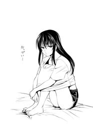  absurdres aoki_kanji bare_legs barefoot breast_conscious collarbone commentary_request female greyscale highres hugging_own_legs jitome knee_boobs knees_to_chest knees_up long_hair looking_at_viewer monochrome onee-chan_no_te_wo_totte pout shirt short_shorts shorts sidelocks simple_background sitting solo translated white_background yumi_(onee-chan_no_te_wo_totte) 