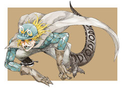  absurdres all_fours animal_feet aqua_eyes araki_hirohiko_(style) black_footwear blonde_hair blue_eyes blue_headwear boots border brown_gloves cape claws clenched_teeth commentary_request cowboy_boots cracked_skin crosshatching diego_brando dinosaur_boy dinosaur_tail fangs fingernails glasgow_smile gloves green_lips grey_cape grey_pants grey_tail hair_between_eyes hat hatching_(texture) highres jodhpurs jojo_no_kimyou_na_bouken lipstick looking_at_viewer makeup monster_boy official_alternate_costume outside_border pants scary_monsters_(stand) sharp_fingernails sharp_teeth shoes single_shoe slit_pupils spurs steel_ball_run tail teeth white_border yasu_(shijimi_8) 