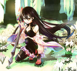  :d bad_id bad_pixiv_id black_hair black_legwear blush breasts brown_eyes character_request cleavage commentary_request detached_sleeves female flower forest full_body hair_between_eyes hair_flower hair_ornament holding holding_sword holding_weapon long_hair looking_at_viewer lord_of_vermilion lord_of_vermilion_iii medium_breasts nature on_one_knee open_mouth photoshop_(medium) red_legwear reverse_grip sandals smile socks solo sword tabi thighhighs very_long_hair weapon wide_sleeves yue_(lov_n_n) 