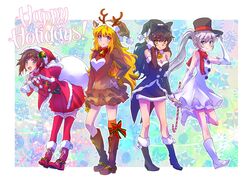  4girls ahoge animal_costume black_hair black_santa_costume blake_belladonna blonde_hair blue_eyes boots cloak commentary_request gradient_hair grey_eyes highres hood hood_down hooded_cloak iesupa knee_boots long_hair multicolored_hair multiple_girls prosthesis prosthetic_arm purple_eyes red_hair reindeer_costume ribbon ruby_rose rwby santa_costume scar scar_across_eye scar_on_face short_hair side_ponytail snowman_costume tiara two-tone_hair wavy_hair weiss_schnee white_hair yang_xiao_long yellow_eyes 