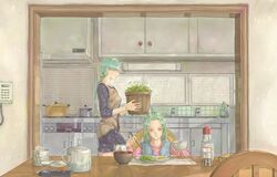  1boy blue_dress bottle bowl chair chopsticks commentary_request cup dress female fish_grill flower_pot food green_eyes green_hair holding holding_chopsticks jojo_no_kimyou_na_bouken kawajiri_hayato kawajiri_shinobu kitchen mother_and_son mug phone plant plate ponytail potted_plant sink stove table teapot vest yomogiomochi 