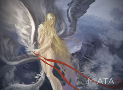  absurdly_long_hair blonde_hair character_name claymore_(series) commentary_request daath female highres long_hair miata_(claymore) mountain nude painterly photoshop_(medium) red_ribbon ribbon solo very_long_hair wings 