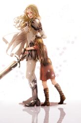  2girls aged_down armor armored_boots blonde_hair bodysuit boots brown_hair clare_(claymore) claymore_(series) closed_mouth commentary_request full_body hand_on_another&#039;s_head highres holding holding_sword holding_weapon hug long_hair looking_at_another multiple_girls petals reflection roukaku17 smile sword teresa_(claymore) waist_hug weapon 