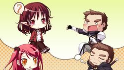  1boy 2girls cape chibi closed_eyes game_cg hinomiya_ayari ko~cha kurauchi_joji long_hair multiple_girls o_o red_eyes red_hair sword weapon witch&#039;s_garden yellow_eyes 