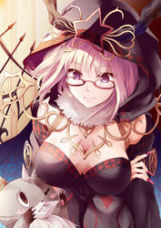  bad_id bad_pixiv_id blush blush_stickers breast_lift breasts character_request cleavage commentary_request feline female glasses large_breasts looking_at_another lord_of_vermilion lord_of_vermilion_iii photoshop_(medium) purple_eyes purple_hair short_hair smile solo star_(symbol) teeth yue_(lov_n_n) 