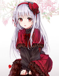  female gothic_lolita hat k-project kushina_anna lolita_fashion long_hair marble_(toy) mini_hat mini_top_hat open_mouth red_eyes red_ribbon ribbon sitting solo top_hat toremoro_(yuka09144) white_hair 