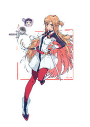  asuna_(sao) augma bad_id bad_pixiv_id belt black_sleeves braid breasts broken broken_sword broken_weapon brown_eyes brown_hair camera commentary_request dress female floating_hair gloves highres holding holding_sword holding_weapon lambent_light leg_up long_hair long_sleeves looking_at_viewer medium_breasts mother_and_daughter pantyhose photoshop_(medium) preceder_(sao) q-pra rapier red_belt red_legwear sheath short_dress simple_background smile standing standing_on_one_leg sword sword_art_online sword_art_online_the_movie:_ordinal_scale unsheathed very_long_hair weapon white_background white_dress white_gloves yui_(sao) 