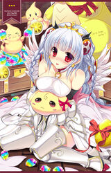  :3 bare_shoulders braid breast_rest breasts commentary_request dragon female hairband kawai_maria large_breasts light_valkyrie_(p&amp;d) photoshop_(medium) puzzle_&amp;_dragons red_eyes shynee_(p&amp;d) silver_hair sitting smile stone tongue tongue_out topalit treasure_chest tri_braids valkyrie_(p&amp;d) wariza wings 