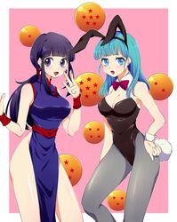  -_- 2girls :d animal_ears armband artist_request bangs black_hair blue_eyes blue_hair blush bow bowtie breasts bulma_briefs bunny_ears bunnysuit chi-chi_(dragon_ball) chichi china_dress chinese_clothes cleavage collar detached_collar dragon_ball dress earrings hair_ornament jewelry large_breasts leotard milf multiple_girls open_mouth outside_border outside_of_border pantyhose pink_background ponytail purple_eyes shummylass smile wrist_cuffs 