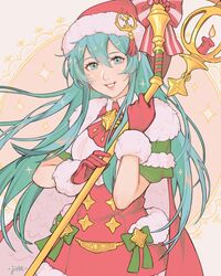  aqua_hair bell blush cape capelet christmas christmas_tree commentary dress eirika_(fire_emblem) eirika_(winter)_(fire_emblem) english_commentary female fire_emblem fire_emblem:_the_sacred_stones fire_emblem_heroes fur_trim gift gloves hat highres jivke long_hair looking_at_viewer merry_christmas red_dress red_gloves sack santa_costume santa_hat smile solo staff thighhighs 