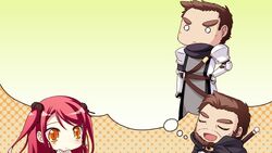  1boy cape chibi closed_eyes female game_cg hinomiya_ayari ko~cha kurauchi_joji long_hair o_o red_hair sword weapon witch&#039;s_garden yellow_eyes 