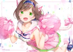  animal_ears bow breasts brown_hair catgirl cheerleader cleavage garter green_eyes headband idolmaster idolmaster_cinderella_girls kneehighs maekawa_miku oerba_yun_fang ribbons shiratama_akane short_hair signed skirt tail 