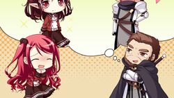  1boy 2girls brown_eyes cape chibi closed_eyes game_cg hinomiya_ayari ko~cha kurauchi_joji long_hair multiple_girls red_eyes red_hair sword weapon witch&#039;s_garden 