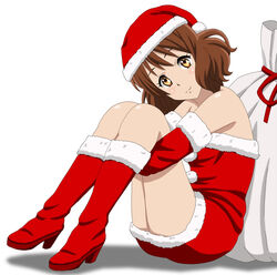  boots brown_hair commentary_request cp9a detached_sleeves dress female from_side full_body fur-trimmed_boots fur-trimmed_dress fur-trimmed_headwear fur-trimmed_sleeves fur_trim gift_bag hat head_tilt hibike!_euphonium high_heel_boots high_heels hugging_own_legs long_hair looking_at_viewer oumae_kumiko photoshop_(medium) red_dress red_footwear red_hat red_ribbon red_sleeves ribbon santa_boots santa_costume santa_hat shiny_skin short_dress simple_background sitting smile solo strapless strapless_dress white_background yellow_eyes 