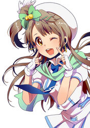  brown_hair female hat long_hair looking_at_viewer love_live!_school_idol_project masaki_(celesta) masaki_(clesta) minami_kotori open_mouth smile solo white_background wink yellow_eyes 