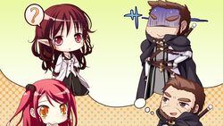  1boy 2girls brown_eyes cape chibi game_cg hinomiya_ayari ko~cha kurauchi_joji long_hair multiple_girls red_eyes red_hair sword weapon witch&#039;s_garden yellow_eyes 