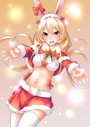  absurdres alternate_costume animal_ears animal_print azur_lane bad_id bad_pixiv_id bell benson_(azur_lane) blonde_hair blush bow bowtie bra breasts capelet christmas cleavage commentary_request cowboy_shot detached_sleeves dutch_angle ear_bow fake_animal_ears female fur-trimmed_capelet fur-trimmed_hairband fur-trimmed_skirt fur_trim groin highleg highleg_panties highres jingle_bell lens_flare linea_alba long_hair long_sleeves looking_at_viewer medium_breasts midriff navel outstretched_arms panties print_bra rabbit_ears rabbit_print red_bow red_bowtie red_skirt revealing_clothes santa_costume skindentation skirt smile snow solo teeth thighhighs trend_kill underwear upper_teeth_only waist_bow white_bra white_thighhighs yellow_eyes zettai_ryouiki 