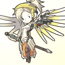  black_gloves black_pantyhose blonde_hair blue_eyes chibi commentary_request female full_body gloves halo high_ponytail holding long_hair mechanical_halo mechanical_wings mercy_(overwatch) mr_kunimitsu overwatch overwatch_1 pantyhose partial_commentary simple_background smile solo staff white_background wings yellow_wings 