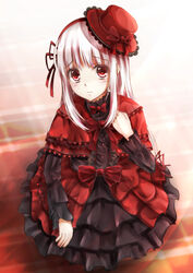  commentary_request dress female frilled_dress frills gothic_lolita hat highres k-project kushina_anna lolita_fashion long_hair looking_at_viewer red_eyes red_ribbon ribbon solo suishin_tenra white_hair 