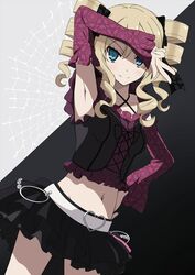  armpits black_nails blonde_hair blue_eyes blush commentary_request cross-laced_clothes curly_hair dairenji_suzuka drill_hair female frills hair_ribbon highres lolita_fashion navel ribbon silk simple_background solo spider_web suemizu_yuzuki tokyo_ravens twin_drills twintails v 