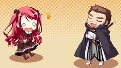  1boy cape chibi closed_eyes female game_cg hinomiya_ayari ko~cha kurauchi_joji long_hair o_o red_hair sword weapon witch&#039;s_garden 