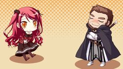  1boy cape chibi closed_eyes female game_cg hinomiya_ayari ko~cha kurauchi_joji long_hair red_hair sword weapon witch&#039;s_garden yellow_eyes 