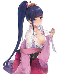  arm_at_side asymmetrical_hair blue_hair blunt_bangs breasts cleavage collarbone commentary_request corset female from_above hair_ornament hair_tubes hakama hakama_skirt highres holding japanese_clothes kimono koutetsujou_no_kabaneri large_breasts long_hair long_sleeves looking_at_viewer looking_to_the_side loose_clothes off_shoulder parted_lips ponytail purple_eyes red_hakama see-through sidelocks simple_background sitting skirt solo tokopi untied very_long_hair white_background wide_sleeves yokozuwari yomogawa_ayame 