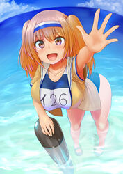  :d armpits blue_sky breasts brown_eyes cloud cloudy_sky commentary_request day female hairband highres i-26_(kancolle) kantai_collection large_breasts leaning_forward light_brown_hair long_hair looking_at_viewer name_tag new_school_swimsuit ocean one-piece_swimsuit open_clothes open_mouth raseruta sailor_collar sandals school_swimsuit short_sleeves sky smile solo standing swimsuit swimsuit_under_clothes torpedo two-tone_hairband two_side_up wading water waving 