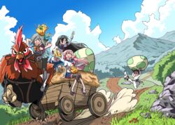  1boy 3girls admiral_(kancolle) akashi_(kancolle) animal animal_on_head bird bird_on_head black_hair black_legwear blouse blue_eyes blue_skirt blue_sky blush bow cart chick chicken cloud commentary_request day egg glasses grass ground_vehicle hair_ribbon hairband hairbow hay highres hip_vent holding holding_animal horse-drawn kantai_collection layered_sleeves long_hair long_sleeves looking_at_another male_chicken military military_uniform mountain multiple_girls naval_uniform on_head ooyodo_(kancolle) open_mouth outdoors oversized_animal oversized_object pantyhose pleated_skirt ponytail ribbon riding road rock running sailor_collar school_uniform serafuku shirt short_over_long_sleeves short_sleeves sitting skirt sky smile tarutaru_gungun thighhighs tress_ribbon uniform wagon waving white_shirt yuubari_(kancolle) 