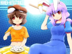  2girls alternate_costume alternate_hairstyle animal_ears blue_dress brown_hair collarbone commentary_request cosplay crop_top dango dress eating floppy_ears food hat highres inaba_tewi long_hair midriff multiple_girls navel plate puffy_short_sleeves puffy_sleeves purple_hair rabbit_ears red_eyes reisen_udongein_inaba ringo_(touhou) ringo_(touhou)_(cosplay) seiran_(touhou) seiran_(touhou)_(cosplay) shirosato shirt short_hair short_sleeves touhou tsukimi_dango wagashi 