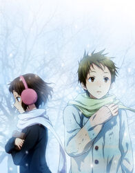  1boy bag brown_eyes brown_hair commentary_request earmuffs female fukube_satoshi hyouka ibara_mayaka paper_bag photoshop_(medium) red_eyes rito453 scarf short_hair snow winter_clothes 