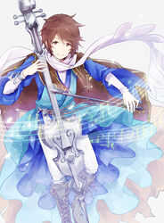  1boy boots bow_(music) brown_cape brown_eyes brown_footwear brown_hair cape elta_(granblue_fantasy) full_body granblue_fantasy instrument looking_at_viewer male_focus music playing_instrument scarf shim@ short_hair smile solo white_scarf 