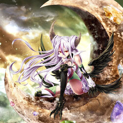  &gt;:) armor asymmetrical_horns bad_id bad_pixiv_id bare_shoulders black_wings breasts character_request claws cleavage closed_mouth commentary_request crescent detached_sleeves dress feathered_wings female full_body greaves hair_between_eyes horns light_purple_hair long_hair looking_at_viewer lord_of_vermilion lord_of_vermilion_iii medium_breasts multiple_wings on_crescent photoshop_(medium) red_eyes short_dress sitting smile solo talons thighhighs v-shaped_eyebrows very_long_hair white_dress wings yue_(lov_n_n) 