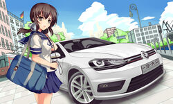  akagi_(kancolle) bag black_hair brown_eyes car cellphone chinese_commentary chinese_text commentary_request female fubuki_(kancolle) german_flag headphones highres kantai_collection long_hair low_ponytail motor_vehicle outdoors phone photoshop_(medium) standing tianyu_jifeng vehicle_focus volkswagen volkswagen_golf 