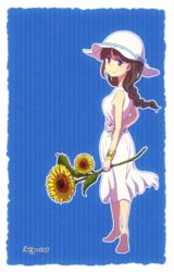  alternate_costume arm_at_side arm_behind_back artist_name bad_id bad_pixiv_id barefoot blue_background blue_bow blue_ribbon border bow braid braided_ponytail brown_eyes brown_hair closed_mouth clothes_writing dress eyelashes female flower from_behind full_body hat hat_bow hat_ribbon holding holding_flower jyushimatsu&#039;s_girlfriend long_hair looking_at_viewer looking_back mizuiri osomatsu-kun osomatsu-san osomatsu_(series) ribbon sash shade signature single_braid sleeveless sleeveless_dress smile solo standing striped striped_background sun_hat sundress sunflower vertical_stripes white_border white_dress white_hat wristband 