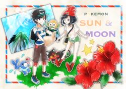  1boy backpack bag bare_legs beanie black_hair commentary_request copyright_name elio_(pokemon) female flower handbag hat hibiscus litten map palm_tree photo_(object) poke_ball pokemon pokemon_(creature) pokemon_sm popplio red_hat rowlet ryukadomatsu selene_(pokemon) shirt shoes short_hair short_shorts shorts sneakers starter_pokemon_trio striped_clothes striped_shirt swept_bangs t-shirt tree 