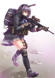  asato_miyo assault_rifle ayyh bag commentary_request female gloves gun handgun headset highres holding holding_gun holding_weapon holster holstered knee_pads little_armory m4_carbine purple_eyes purple_hair rifle running school_bag school_uniform simple_background smoke_grenade solo trigger_discipline weapon 