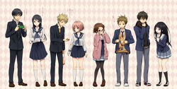  4boys 4girls bespectacled black_legwear blazer cardigan chitanda_eru commentary_request company_connection cosplay costume_switch crossover fukube_satoshi gakuran glasses highres hyouka ibara_mayaka jacket kamiyama_high_school_uniform_(hyouka) kanbara_akihito kneehighs kuriyama_mirai kyoto_animation kyoukai_no_kanata loafers long_hair multiple_boys multiple_girls nase_hiroomi nase_mitsuki no_eyewear oreki_houtarou pants pantyhose photoshop_(medium) rito453 scarf school_uniform serafuku shoes short_hair skirt socks sweater_vest translated white_legwear 